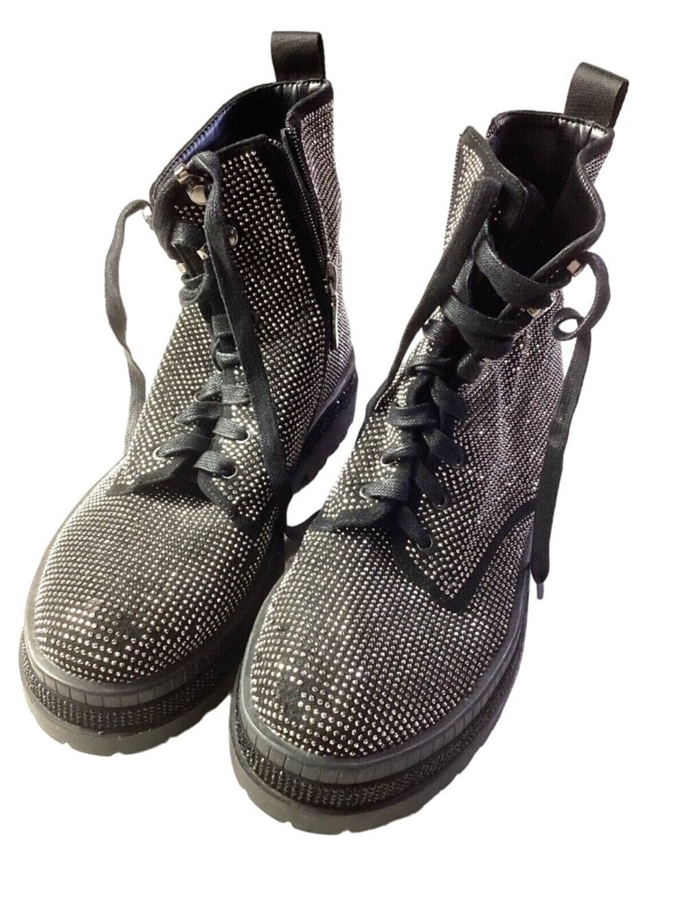 Black Studded Combat Boots With Side Zipper & Lace-Up*EU 41=US Men 8 or Women 9.